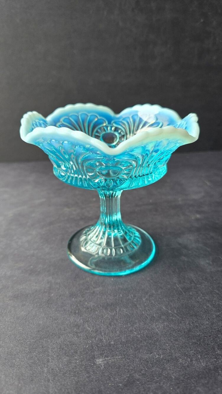 Vintage Fenton Blue Opalescent Glass Compote Eye and Scroll Pedestal Bowl